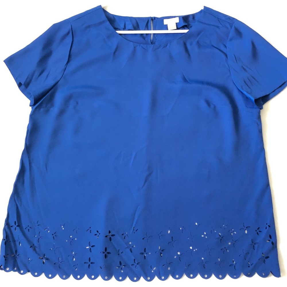 J. Crew Blue Blouse w/ Scalloped Laser Cut Edge